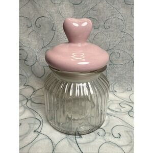 Pink Heart Lid Glass Storage Jar 7" Ribbed Canister Candy,Cookie,Bathroom